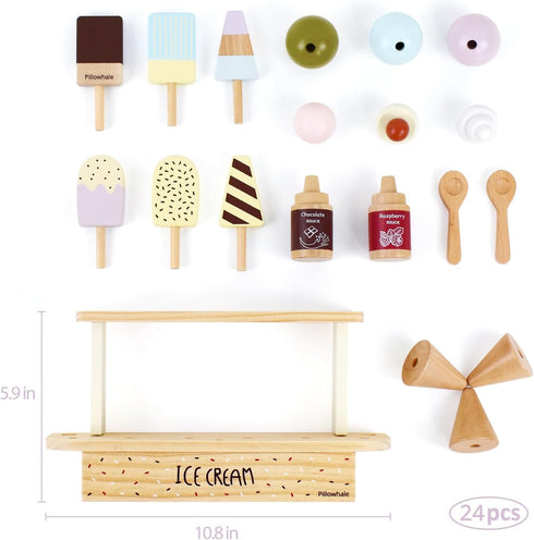Wooden Ice Cream Toy Set, Pretend Play Food Toys, Ice Cream Counter for Kids, Kitchen Accessories for Toddlers