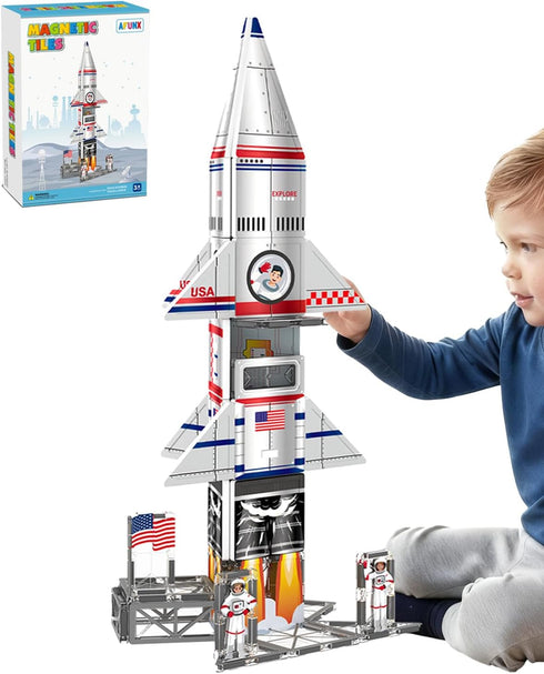 AFUNX Magnetic Tiles Space Rocket Set,46 PCS Magnetic Building Blocks for Kids