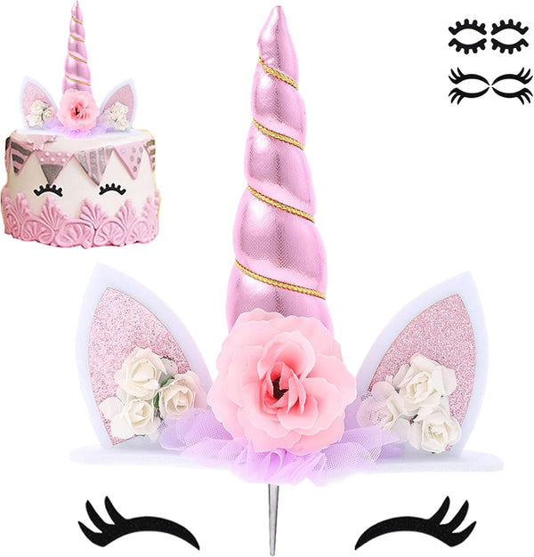 Pink Unicorns Cake Topper Decorations for Girls - Handmade Birthday Party Supplies with Eyelashes, 5.8 Inch