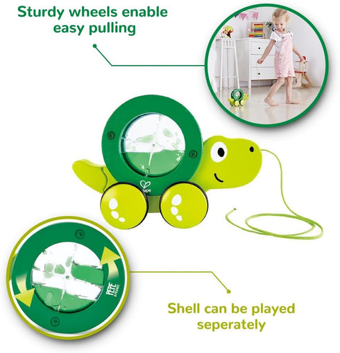 Hape Tito Turtle Pull Along Toy - Green Wooden Toddler Adventure