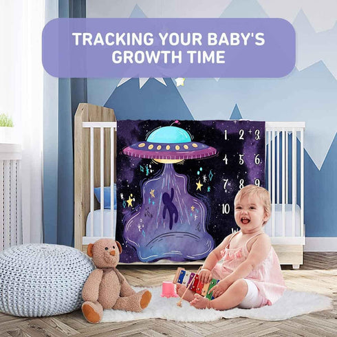 Baby Monthly Milestone Blanket Fun Alien Spaceship, 48"x40", Newborns 1 to 12 Months, Includes 4 Frames and 1 Headband