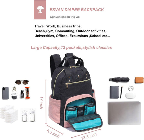 ESVAN Backpack, Pack Diaper Bag Large Capacity Multifunction Baby Essentials Fashion Travel Linen Canvas office Laptop