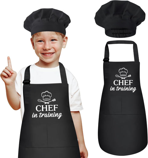 Kids Adjustable Apron and Chef Hat Set - “CHEF in Training” Funny Apron for Children