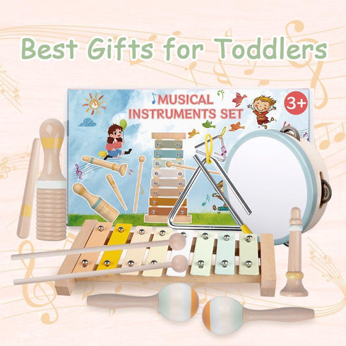 Montessori Wooden Toys for Toddlers 1-3, Baby Musical Instruments Set with Modern Boho Xylophone, Neutral Colors 3+