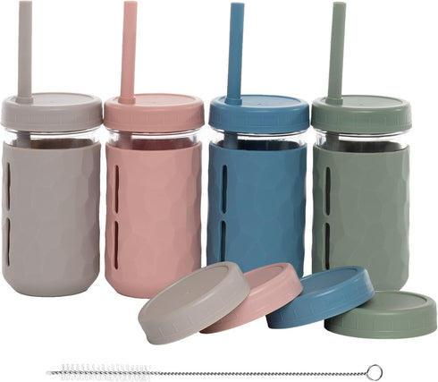 WeeSprout Glass Cups With Lids & Straws, Spill-Resistant Smoothie Cups for Toddlers