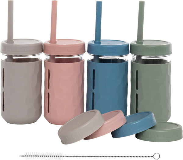 WeeSprout Glass Cups With Lids & Straws, Spill-Resistant Smoothie Cups for Toddlers