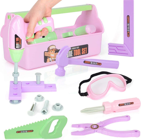 Kids Tool Set 18-Pc with Electronic Toy Drill & Construction Goggles, Safe