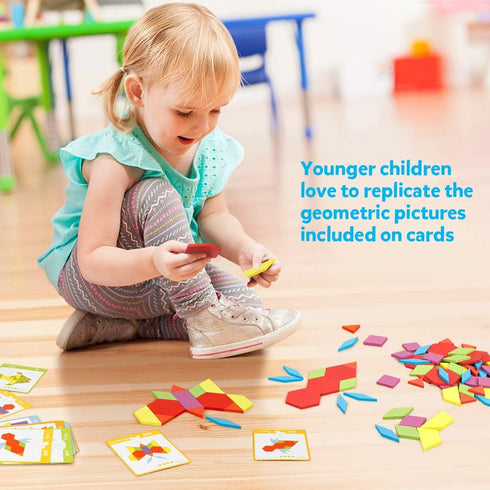 Set 130PCS 24 Coogam Wooden Pattern Blocks Geometric Color Shape Manipulative Puzzle Graphical Montessori Tangram Early