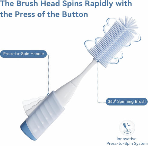 Swishine Set, Baby Bottle Brush Innovative Press-to-Spin Brush Cleaner - Includes Silicone Bottle Brush, Nipple Brush