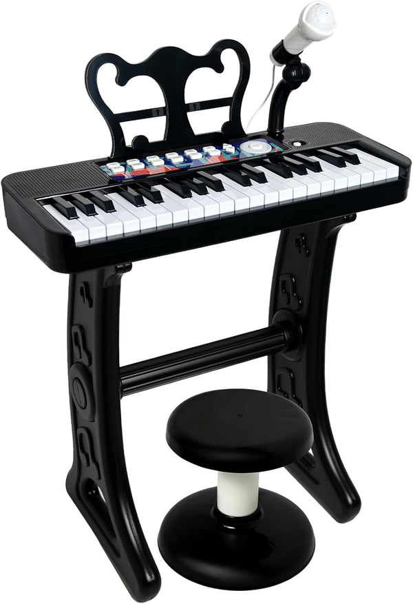 Love&Mini Piano Toy for Kids - 37 Keys Kids Piano Keyboard with Stool and Microphone, Black