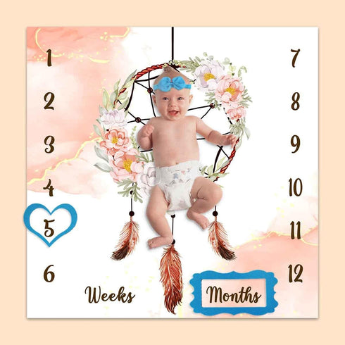 Boho Baby Monthly Milestone Blanket, Dream Catcher Feather Flower Design, Newborns 1 to 12 Months Unisex with 4 Frames
