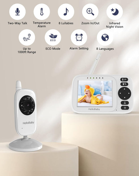 HelloBaby 3.2" 2-Way 8 Adjustment,1000ft,ECO,USB HB2438 Monitor No WiFi Video Baby Monitor with Camera and Audio