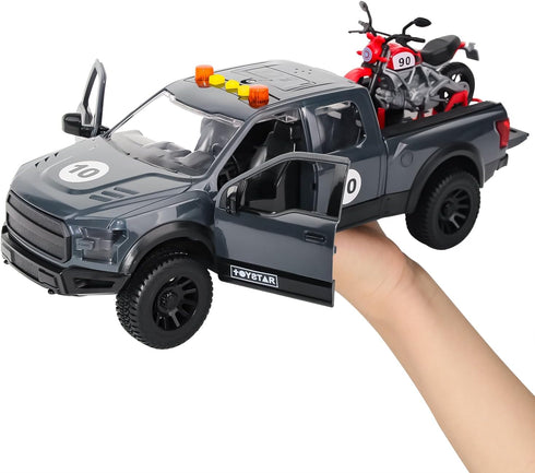 3+ Pickup Truck Toy with Motorcycle, Featuring Lights and Sound Effects,Toy Car with Opening Doors, Toy Cars Gifts