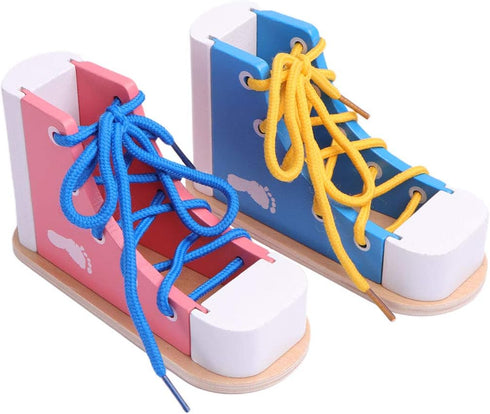 STOBOK 2pcs Wood Lacing Sneaker Tie-Up Shoe Threading Toy Montessori Educational Toys (Blue + Pink)