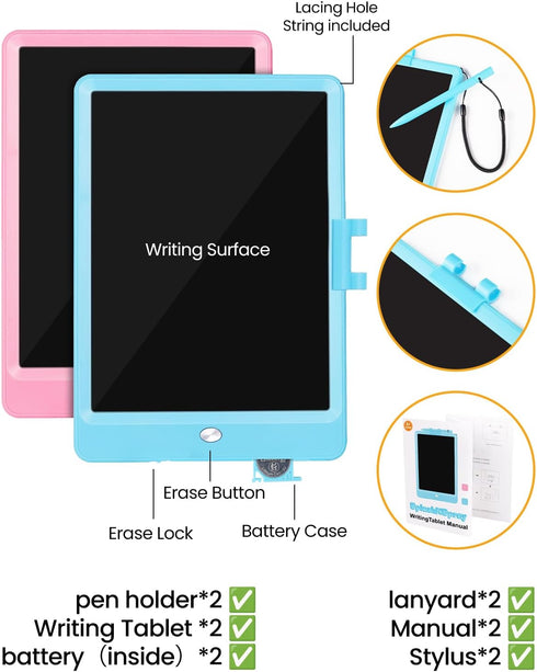 Drawing Tablet, 2 Pack LCD Writing Tablet for Kids, Colorful Erasable Electronic Doodle Board, Educational Toy for 3+