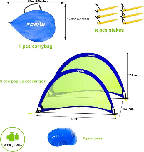 Poray Soccer Goal for Kids, Easy-up Set of Two Portable 4FT Soccer Nets with 8 Field Marker Cones and Extra Stakes