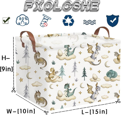 FXOCSHE Rectangular Dinosaur Baskets,Watercolor cute dragon fairy tale kids nursery basket,Cloud moon star dragon egg