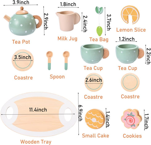 MONT PLEASANT 15pcs Wooden Tea Set for Little Girls, Toddler Play Kitchen Accessories, Play Food Playset for Kids Tea