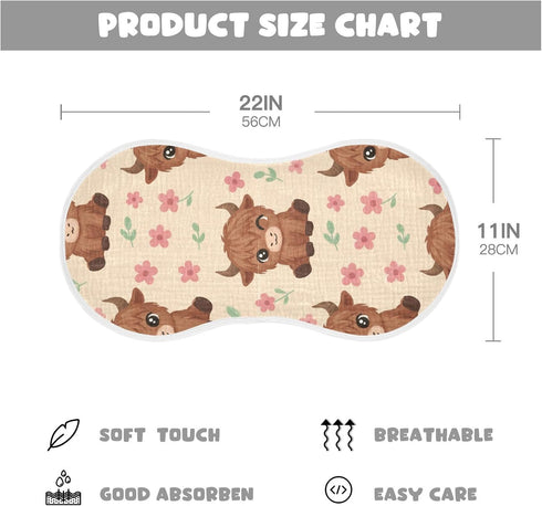 FUQIUMI 4 22"x 11" Highland Cow Animal Floral Print Muslin Burp Cloths for Babies,Soft Cotton Layer Burping Cloths