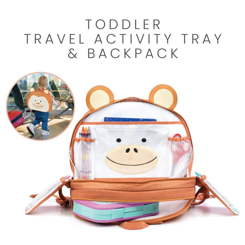 Lulyboo Toddler Car Seat Tray and Backpack, Airplane Travel Tray with Writing Surface and 8 Storage Pockets, Monkey