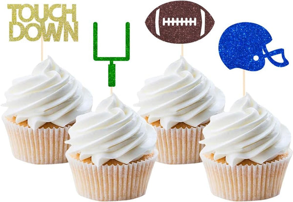 24 Pieces Football Theme Glitter Cupcake Topper, Cake Picks Decoration for Baby Shower Birthday Party