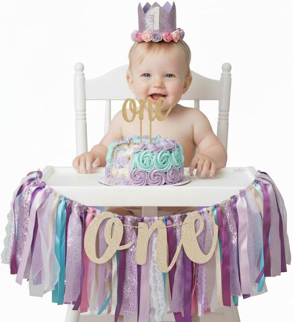 PapaKit Girl 1st Birthday High Chair Premium Decoration Set - Sparkle Purple