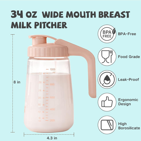 34oz COMI Breast Milk Pitcher,No Leak Breast Milk Storage Containers for Fridge,Resistant to Heat and Cold,Wide Mouth
