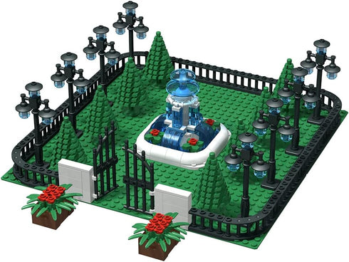 Building Block Education Toy - Street Lamp Street Light & Tree Fences Sets & Entrance Door and Park Fountain - Building Bricks Accessories - Compatible with Major Brands (Park Scene)