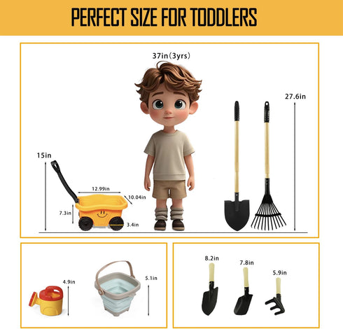 Set Wheelbarrow, Summer 2-5 Toddlers Rake & Shovel with Kids Yard Tools for Digging, Gardening, Beach, Sandbox, Lawn