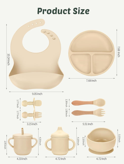 Set 9 Silicone Baby Feeding Pcs, Spill-Proof Suction Plate, Bowl, Bib, Silicone spoon&forks, Wooden Spoons&forks