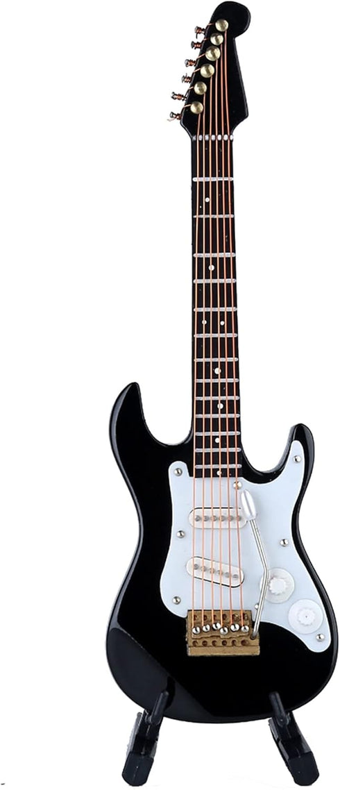 Dselvgvu Wooden Miniature Electric Guitar with Stand and Case, Dollhouse Model Birthday Present (Black,