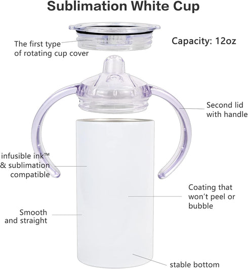 6 Pack 12 oz Sublimation Blanks Sippy Cup Baby Bottle with Handles Straight Stainless Steel Insulated Skinny Tumblers