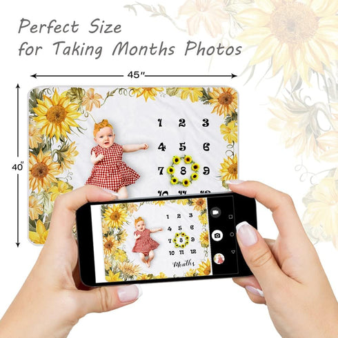 Sunflower Baby Monthly Milestone Blanket, Floral Newborns Month Blanket Gift with Wreath & Headband