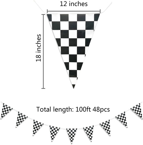 Piokio 100ft Black and White Checkered Flag Banner for Racing Birthday Decorations, Nascar Cars Party Supplies