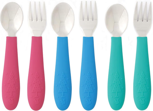Elk and Friends Kids Silverware with Silicone Handle | Safe Flatware for Children | Toddler Utensils | Baby Spoons +