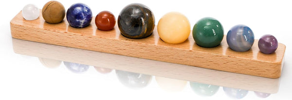 ZENFUN Nine Planets in Solar System with Wooden Stand, Natural Gemstones Sphere