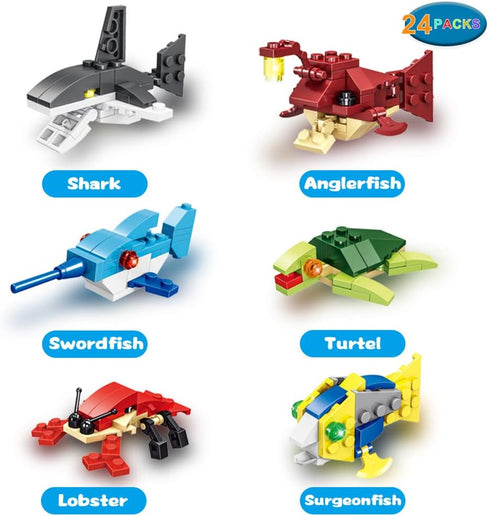 WODMAZ Valentines Day Cards with Sea Animal Building Blocks, 24 Packs Valentine Gift Ocean Building Toys Set for Kids Classroom Party Favor, Valentine Gift Exchange, Valentine's Greeting Cards