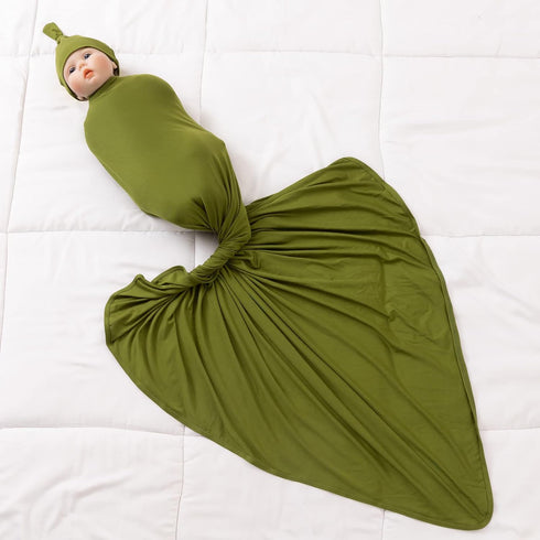 Large Jersey Knitted Swaddle Blanket for Baby, Soft Stretchy Receiving Blanket with Hat, 47 x 47 inches (Olive) BY001