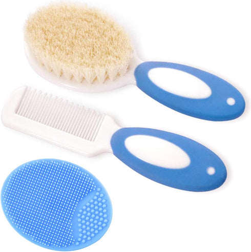 Baby Hair Brush and Comb Set for Newborns & Toddlers | Natural Soft Goat Bristles | Ideal for Cradle Cap (Blue)