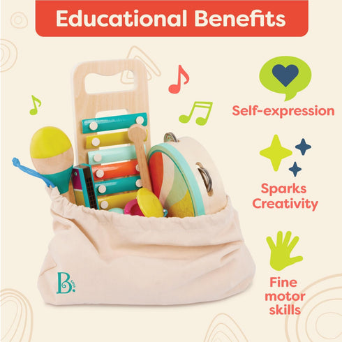 9 2+ B. toys Make a Melody Pieces Wooden Musical Instruments Xylophone, Tambourine, Harmonica Drawstring Storage Bag