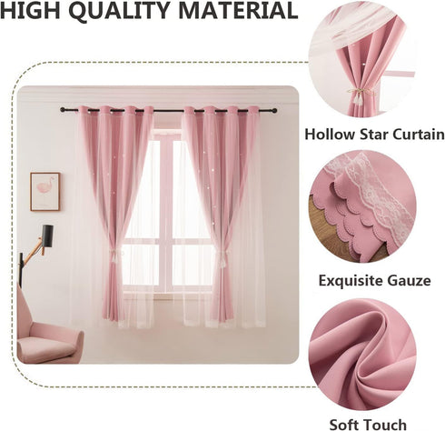 42W 84L,2 Pink Curtains for Girls Bedroom Kids Baby Room Decor Cute Double Layer Star Cutout Curtains Room Darkening