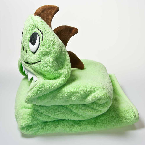 Little Ashkim Set:Toddler, 2T- 5T Dino Hooded Turkish Towel and Mitten Green