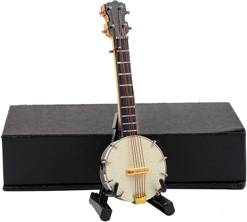 Wooden Miniature Banjo with Stand and Case, Mini Musical Instrument Replica Collectible Figurines for Dollhouse