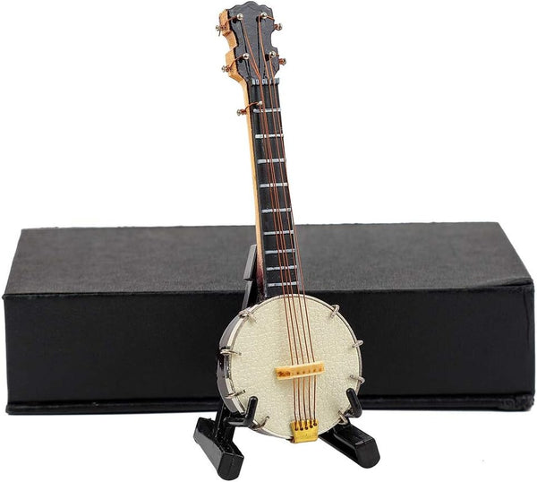 Wooden Miniature Banjo with Stand and Case, Mini Musical Instrument Replica Collectible Figurines for Dollhouse