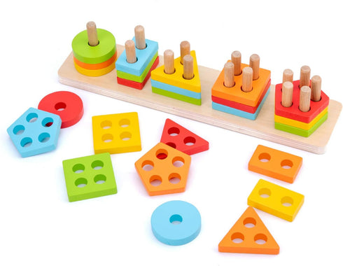 WOOD CITY Wooden Sorting & Stacking Toy, Montessori Shape Sorter for Toddlers, Early Educational Block Puzzles for Kids