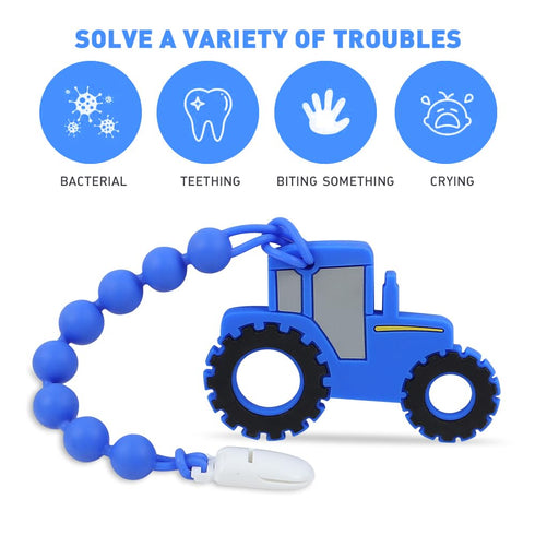 Baby Tractor Teething Toys, Food Grade Silicone Teether with Pacifier Clip Holder, Pain Relief for 3 Months+, Blue