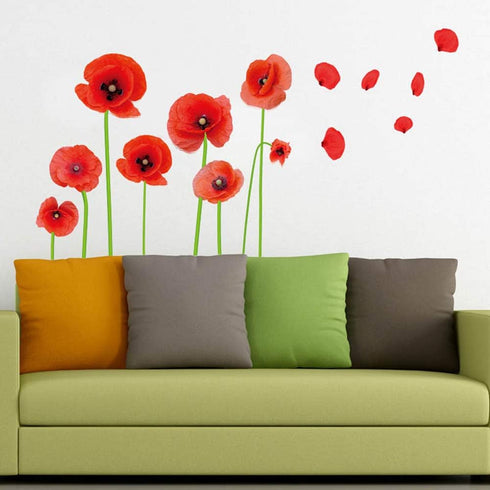 Esmee DIY Red Poppies Wall Decals, Beautiful Flowers Vines Stickers for Living Room Bedroom Nursery