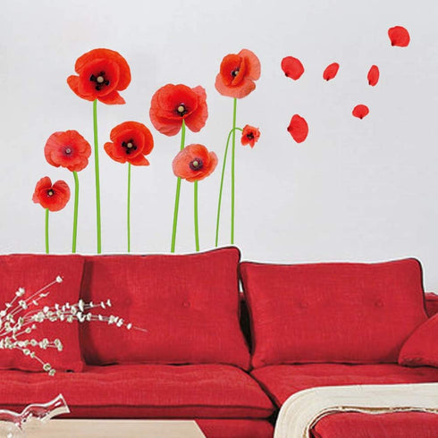 Esmee DIY Red Poppies Wall Decals, Beautiful Flowers Vines Stickers for Living Room Bedroom Nursery