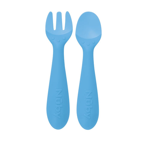 Nuby Silicone Easy Grip Fork & Spoon Set, BPA Free, 12+m in Blue