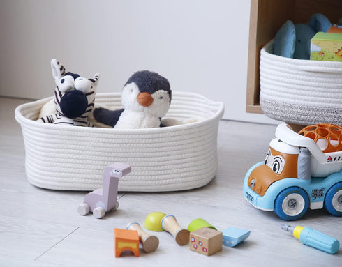 Woven Cotton Rope Storage Basket, White - Cube Organizer for Baby Nursery, Closet Towels, Small Dog Cat Toy Box